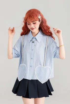 Blue Striped Heart-Shaped Pocket Short-Sleeved Shirt/Skirt KEI0087