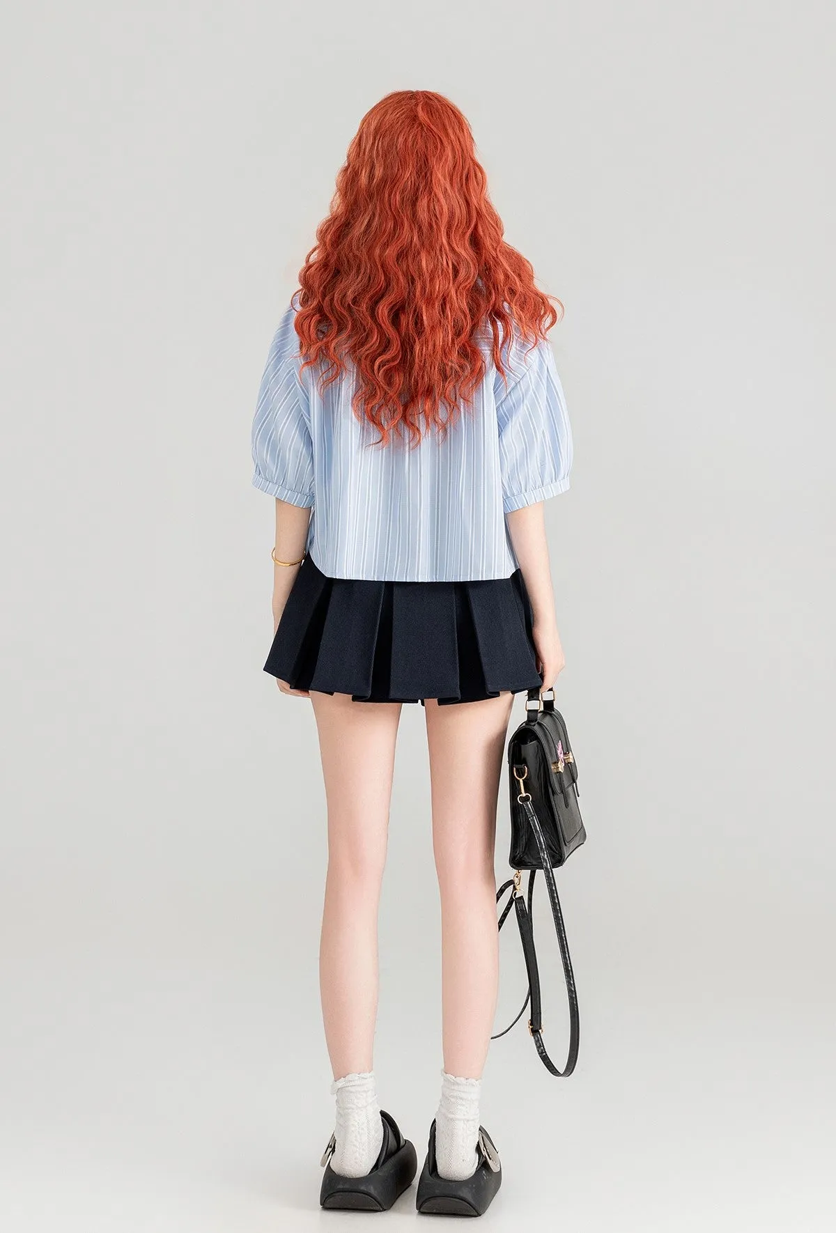 Blue Striped Heart-Shaped Pocket Short-Sleeved Shirt/Skirt KEI0087