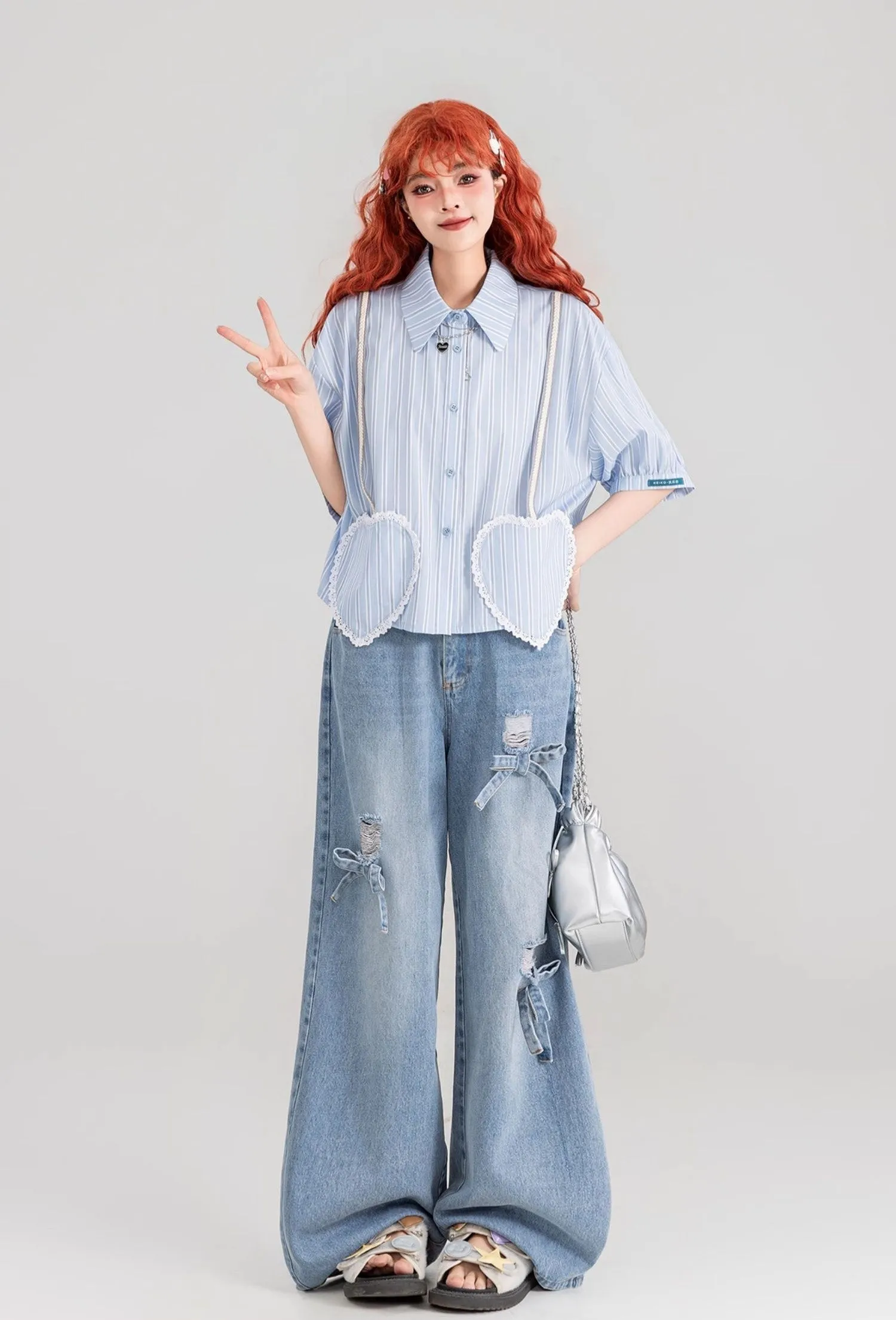 Blue Striped Heart-Shaped Pocket Short-Sleeved Shirt/Skirt KEI0087