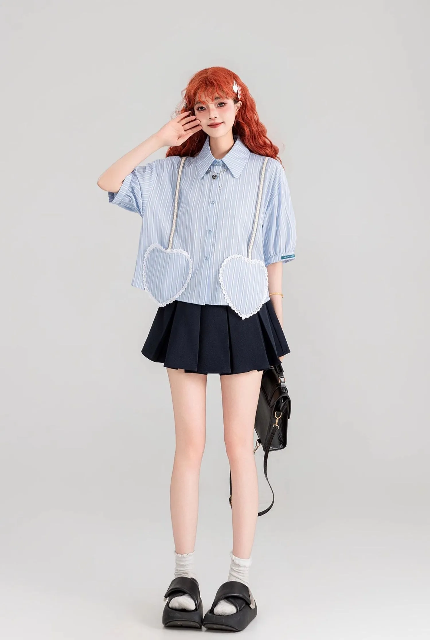 Blue Striped Heart-Shaped Pocket Short-Sleeved Shirt/Skirt KEI0087