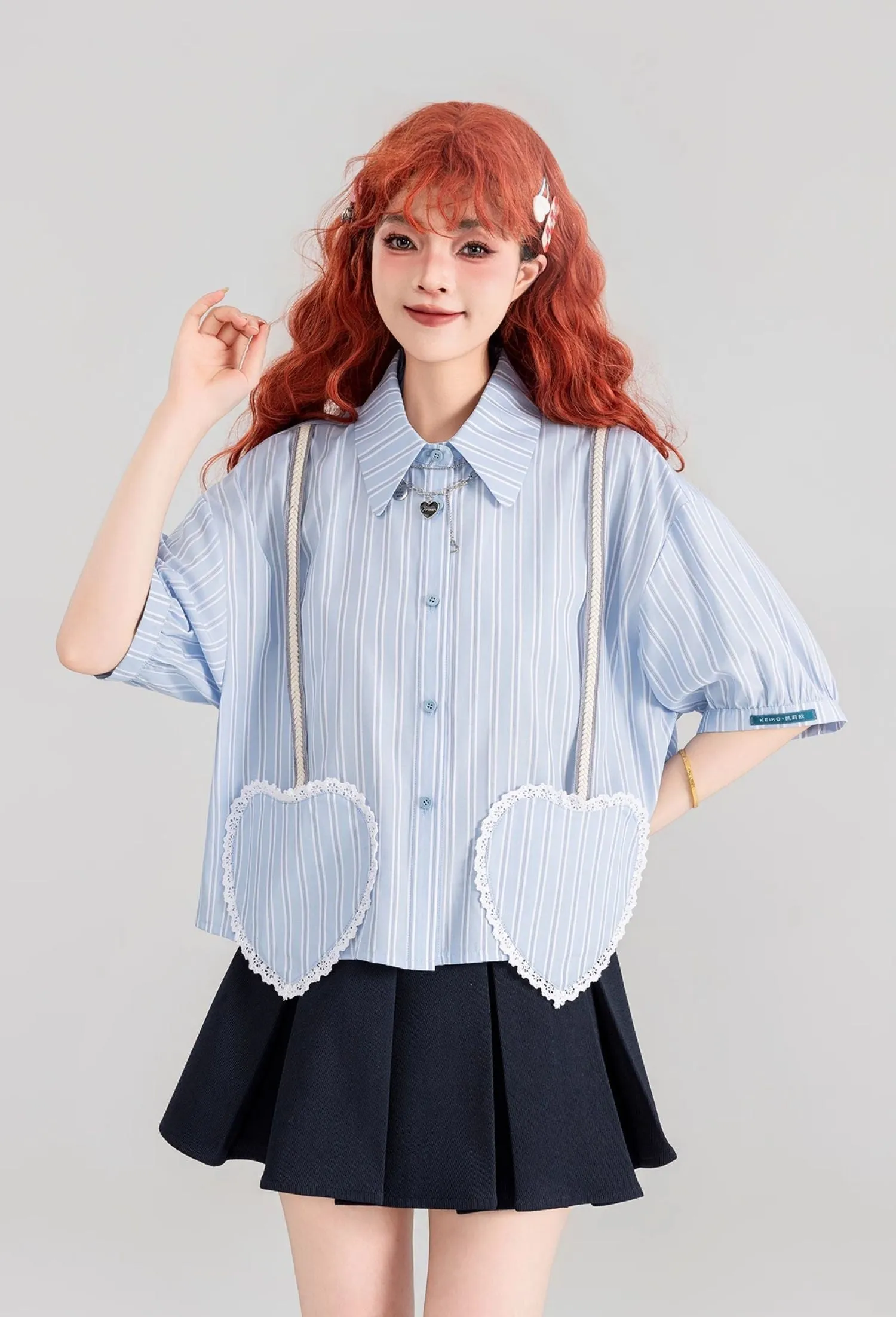 Blue Striped Heart-Shaped Pocket Short-Sleeved Shirt/Skirt KEI0087