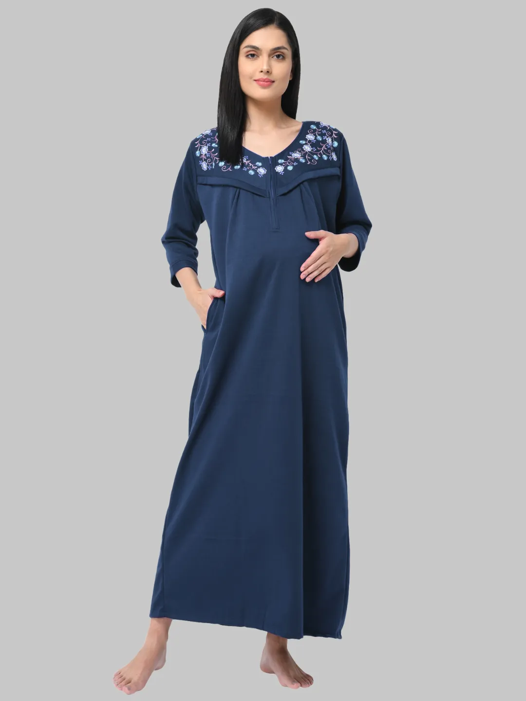 Blue Women's Solid Print Fleece Maternity Winter Nighty by Shararat