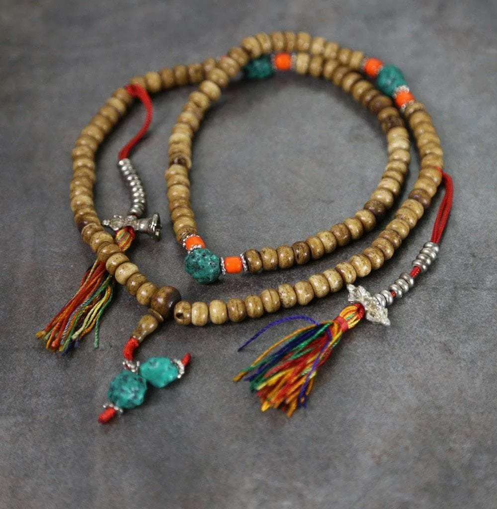 Bone Mala with Turquoise and Coral Accents