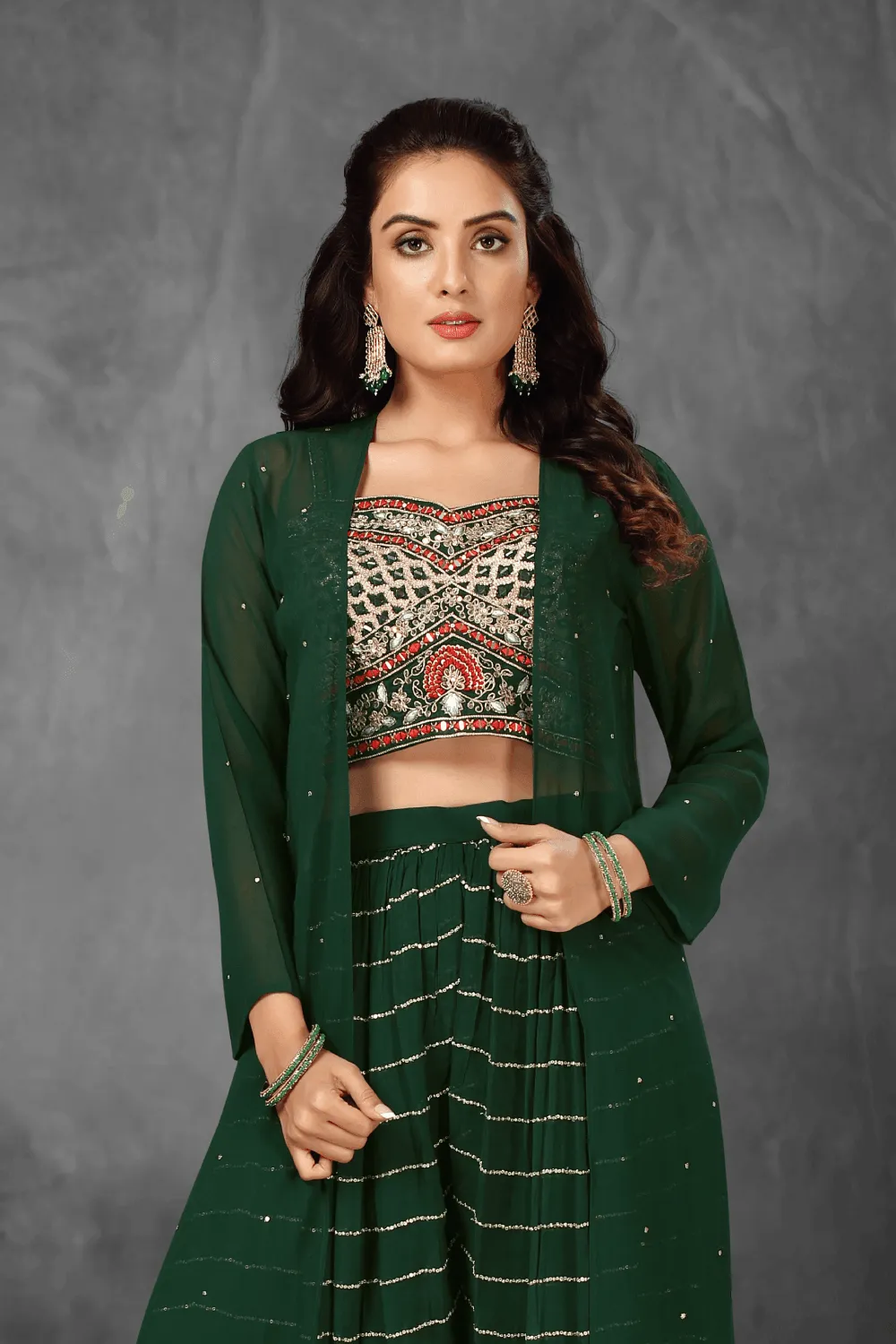 Bottle Green Mirror, Zari Thread and Sequins work with Long Over Coat Crop Top Palazzo Set