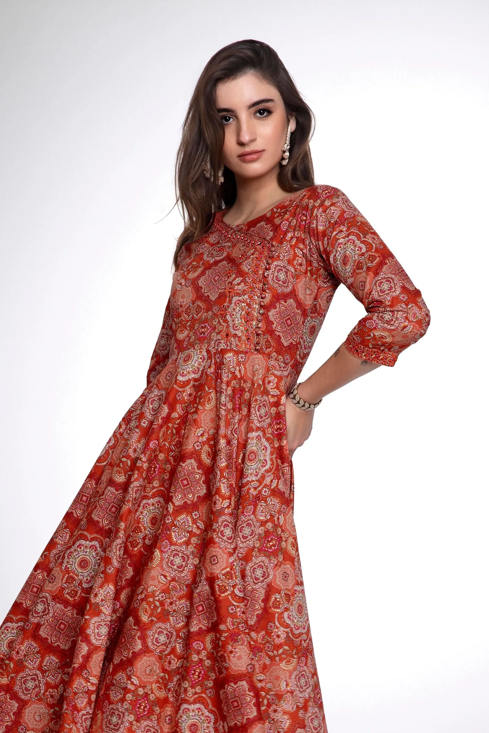 Brick Red Mirror and Thread work with Digital Print Anarkali Styled Kurti