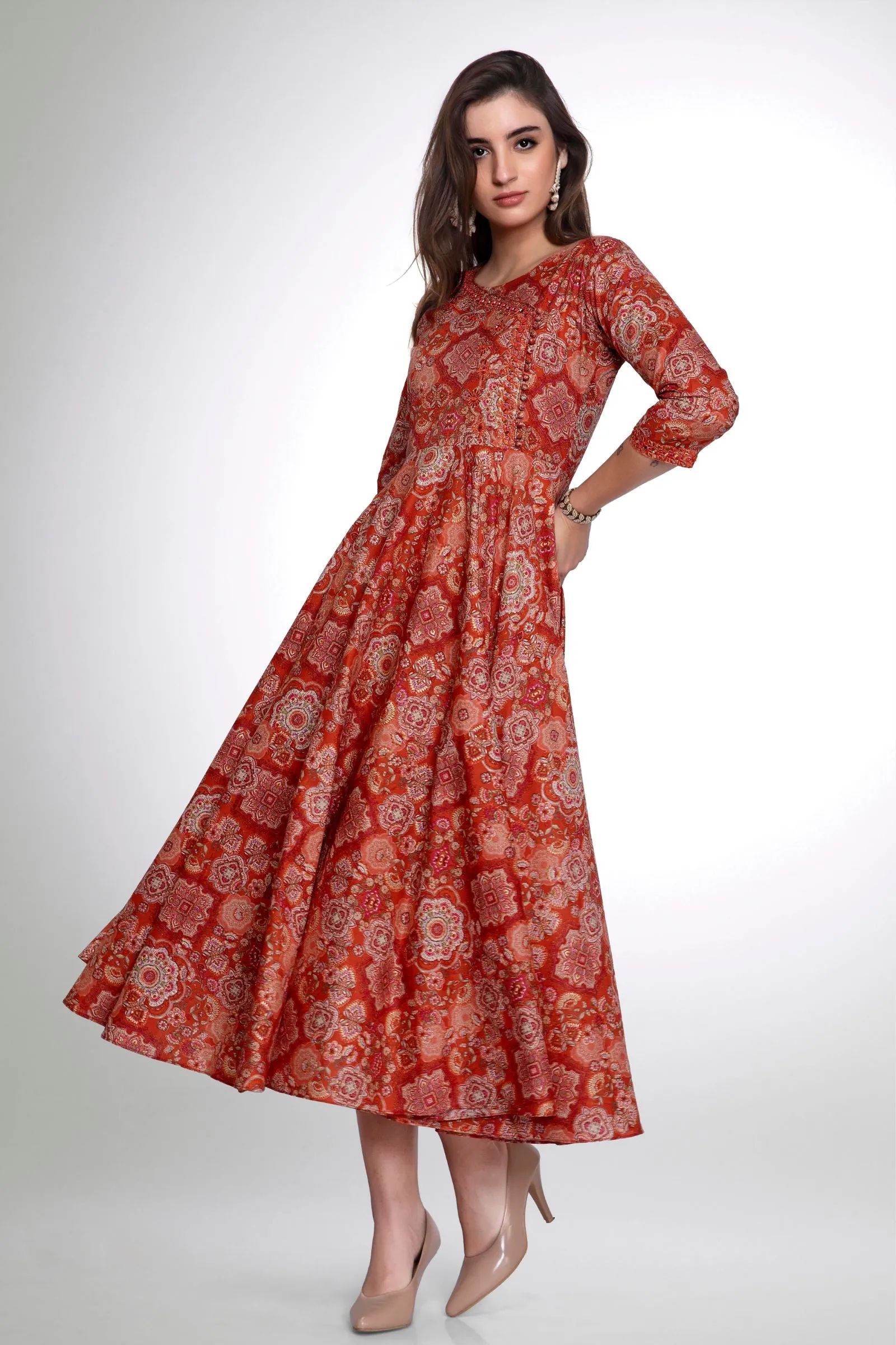 Brick Red Mirror and Thread work with Digital Print Anarkali Styled Kurti