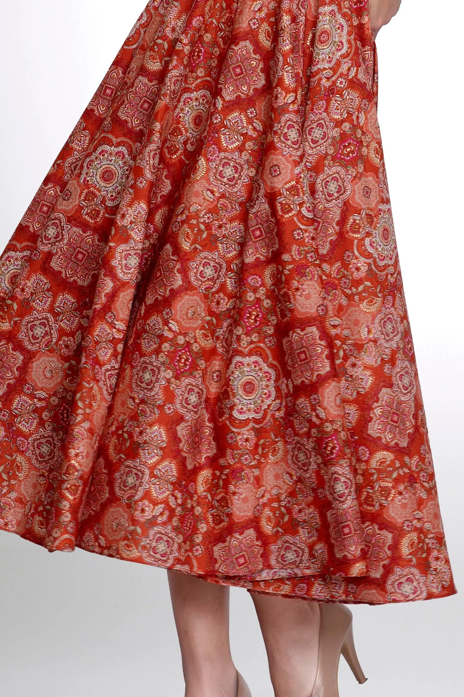 Brick Red Mirror and Thread work with Digital Print Anarkali Styled Kurti