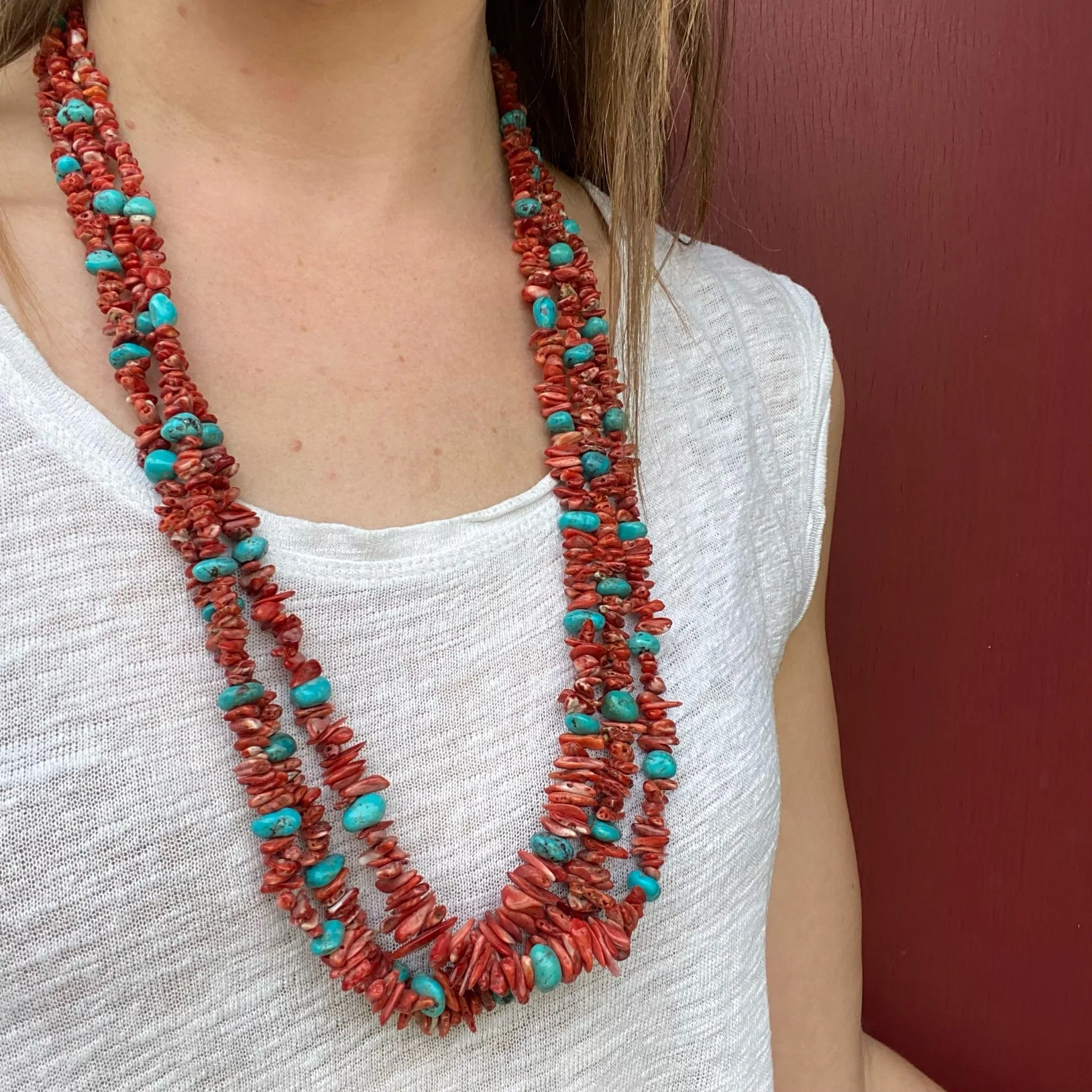 Brilliant Triple-Strand Red & Turquoise Bead Necklace