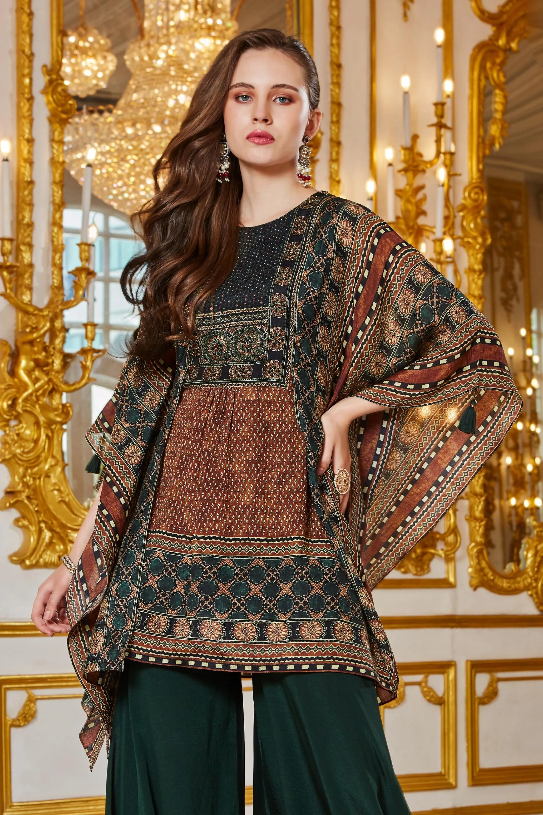 Brown with Bottle Green Kaftan Styled Printed Top with Palazzo Pants