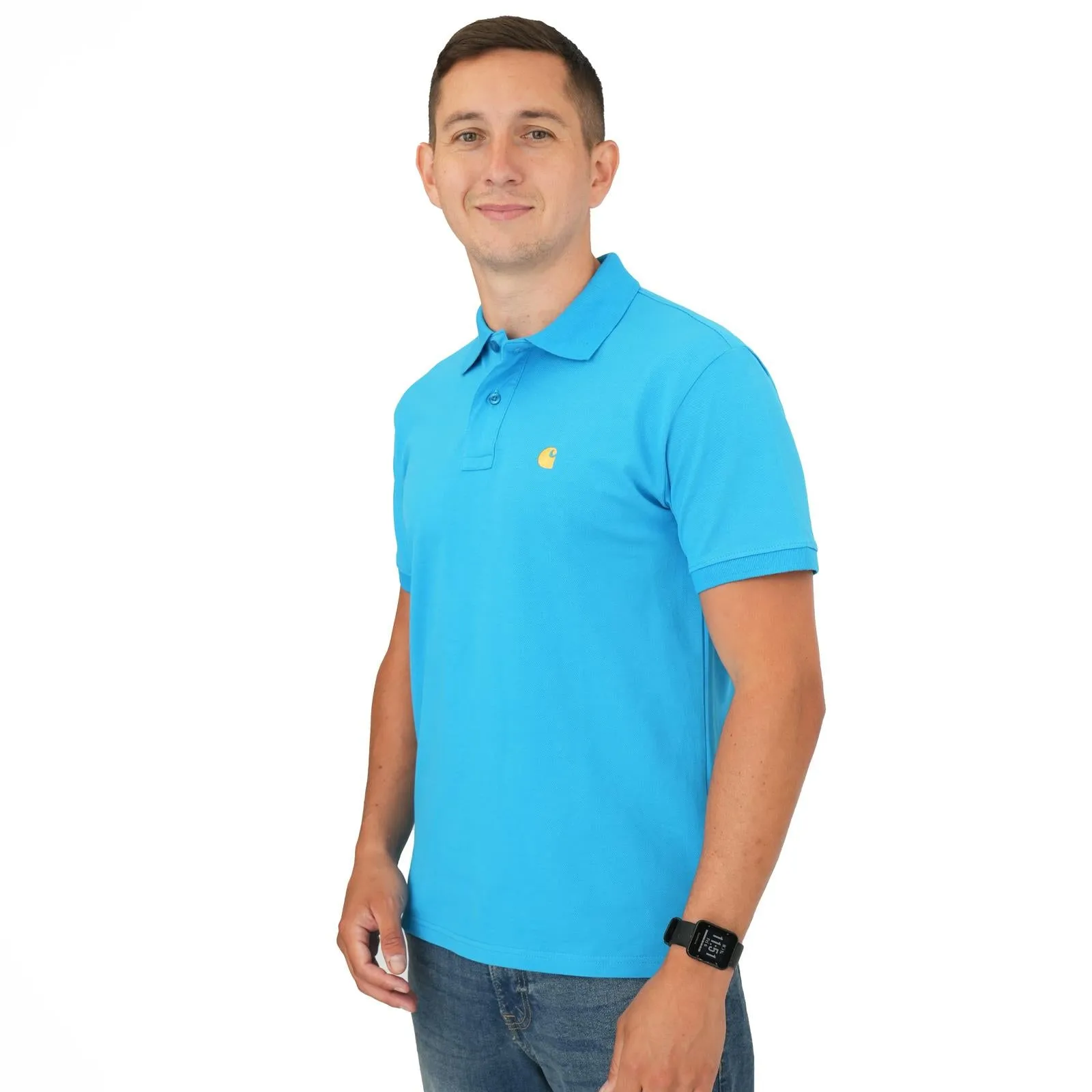 Carhartt Mens Polo Shirt Chase Pique Cotton Blue