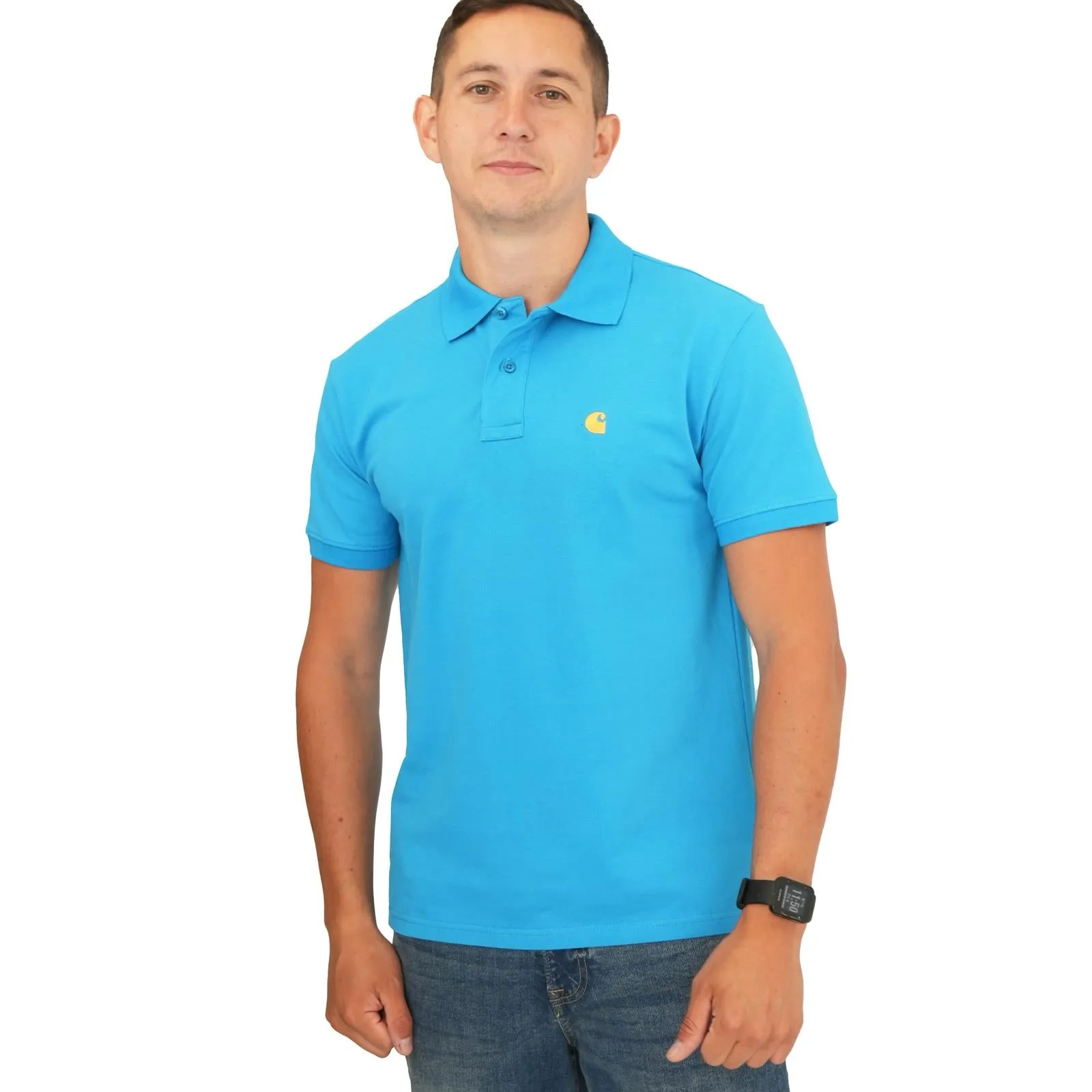 Carhartt Mens Polo Shirt Chase Pique Cotton Blue