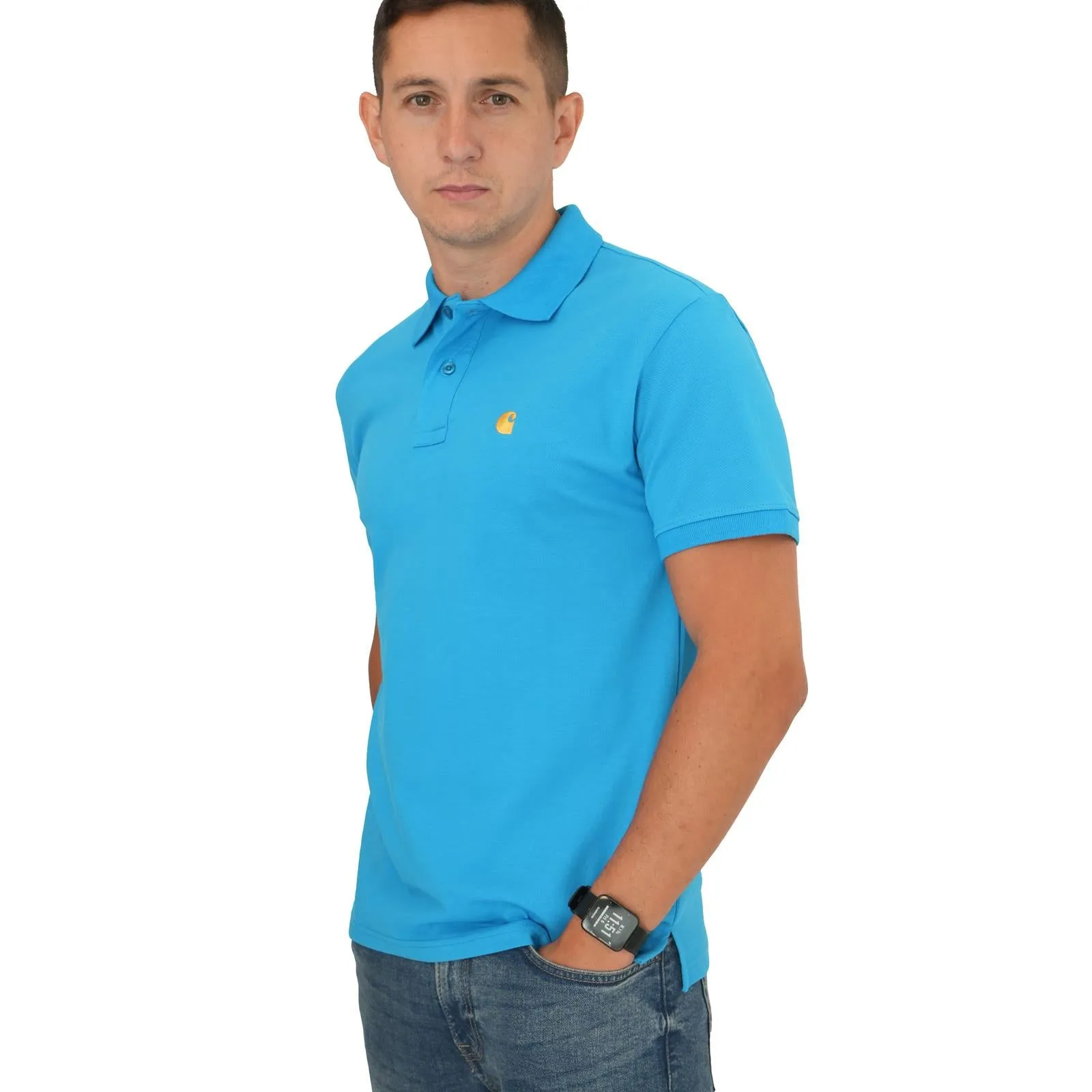 Carhartt Mens Polo Shirt Chase Pique Cotton Blue