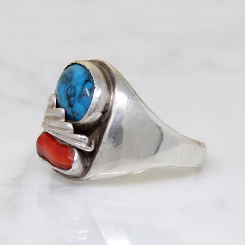 Chunky Modernist Turquoise & Coral Ring