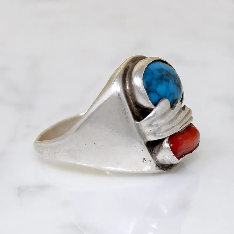 Chunky Modernist Turquoise & Coral Ring