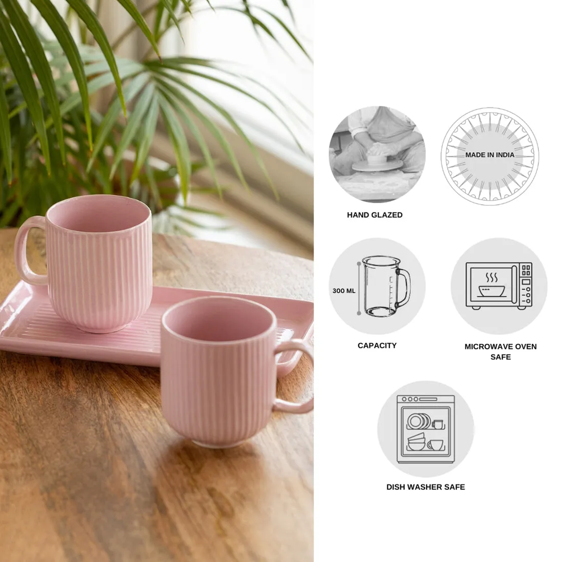 'Coral Reef' Glazed Studio Pottery Ceramic Tea & Coffee Mugs with Tray (Set of 2, 300 ml, Pink)