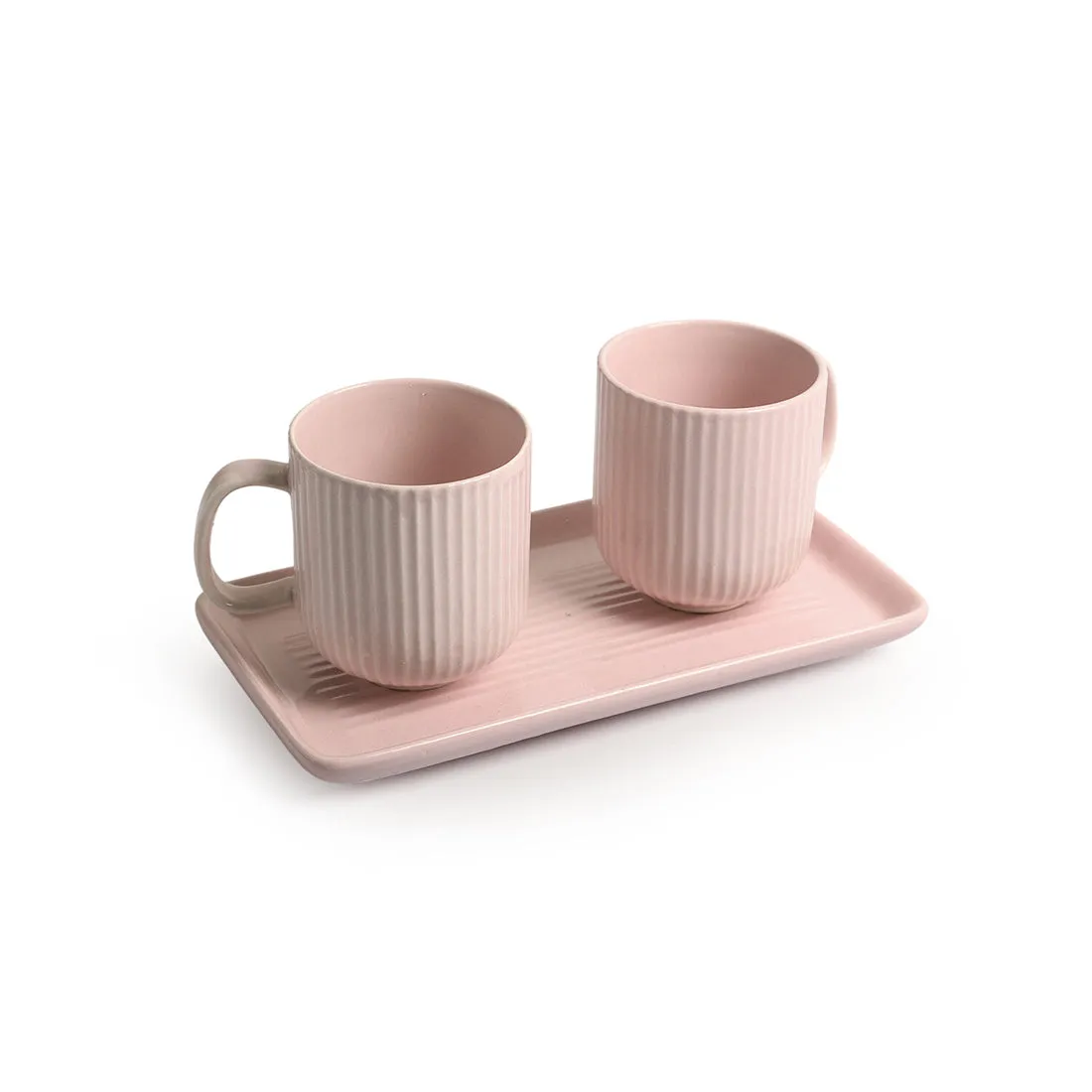 'Coral Reef' Glazed Studio Pottery Ceramic Tea & Coffee Mugs with Tray (Set of 2, 300 ml, Pink)