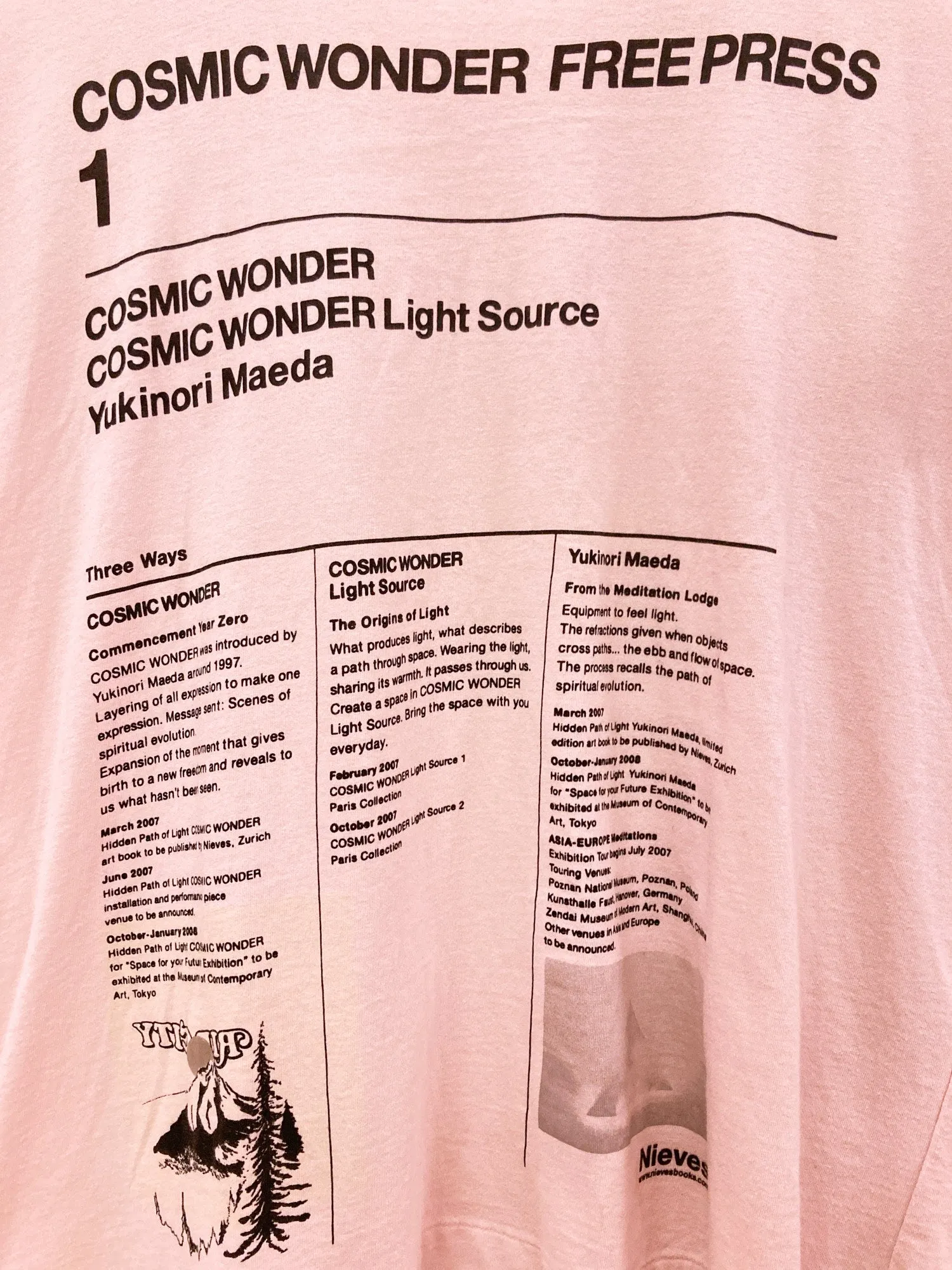 Cosmic Wonder pink cotton t-shirt with print of 'Cosmic Wonder Free Press 1' - S