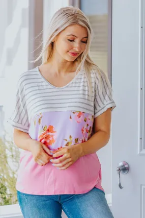 Crazy Like That Striped Colorblock Floral Top in Coral