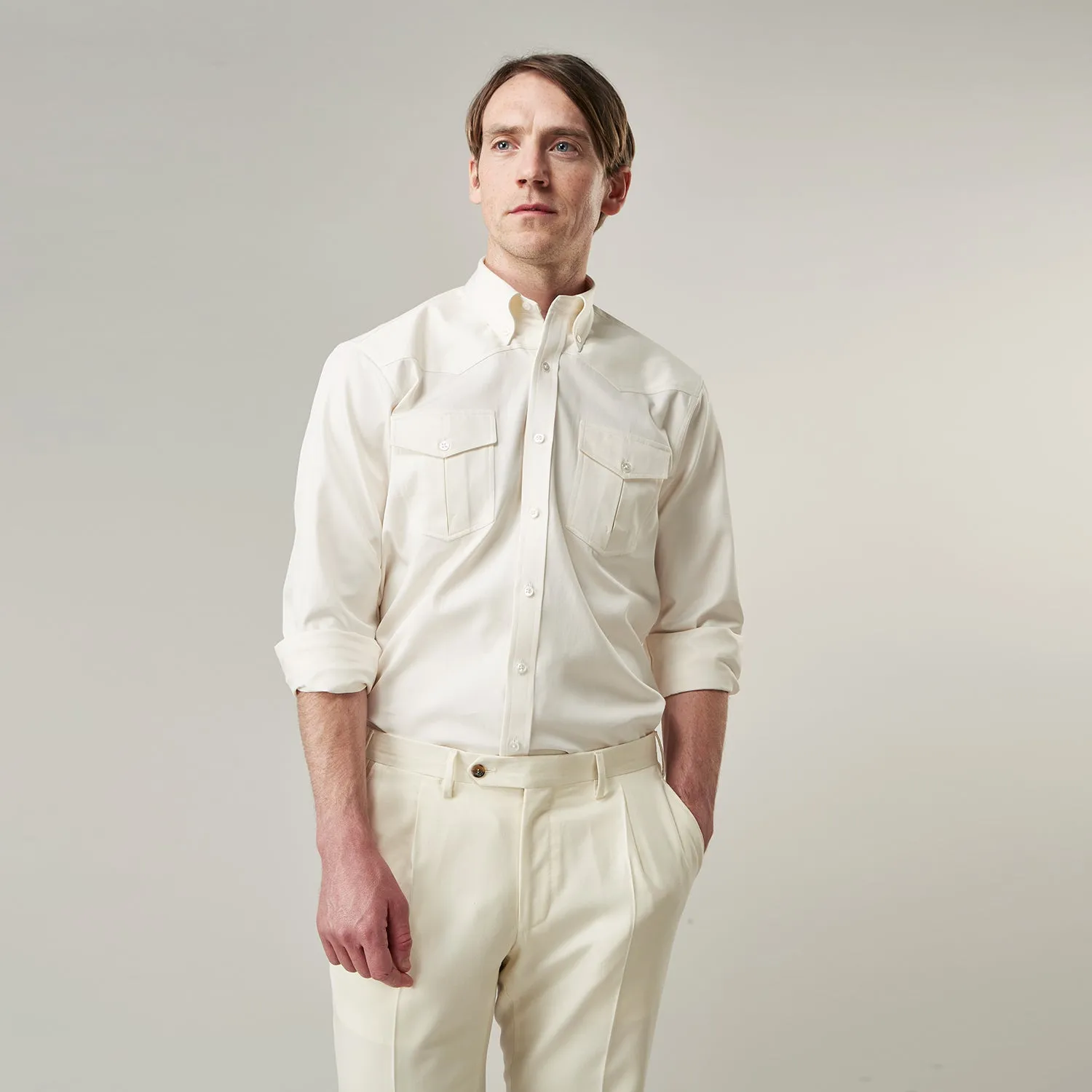 Cream Cotton Weekend Fit Western Shirt with Dorset Collar