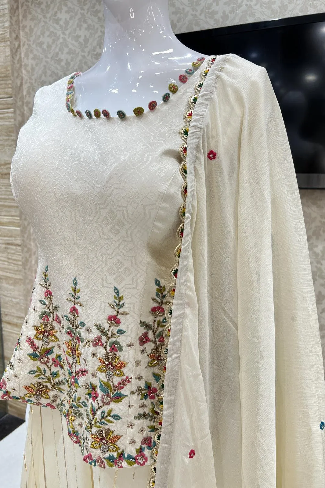 Cream Embroidery, Sequins and Beads work with Zari Weaving Palazzo Salwar Suit