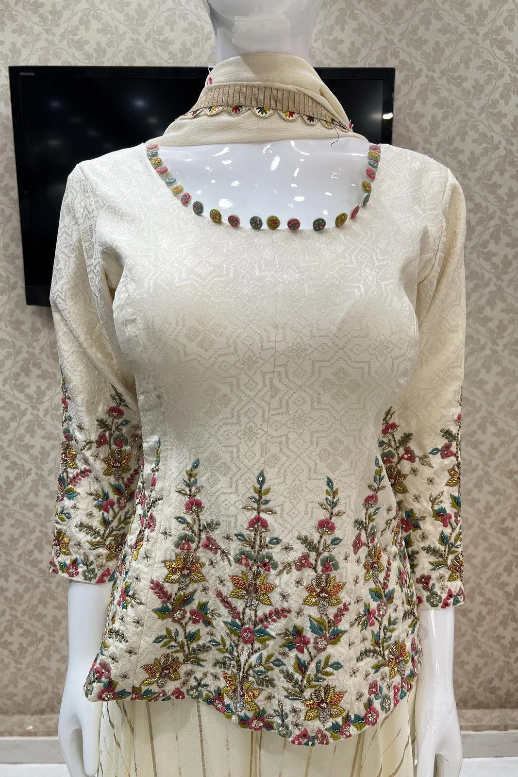 Cream Embroidery, Sequins and Beads work with Zari Weaving Palazzo Salwar Suit