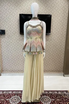 Cream Multicolor Thread, Sequins, Stone and Zardozi work Peplum Top with Palazzo Suit Set