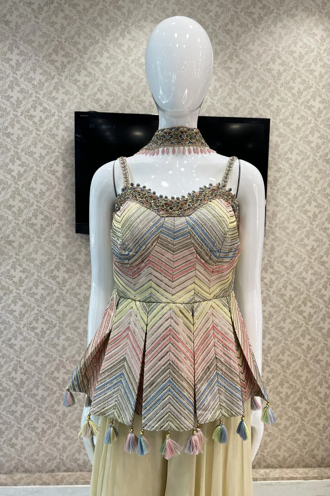 Cream Multicolor Thread, Sequins, Stone and Zardozi work Peplum Top with Palazzo Suit Set