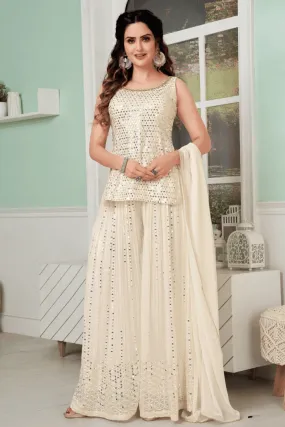 Cream Sequins, Thread, Stone, Beads and Mirror work Palazzo Suit Set