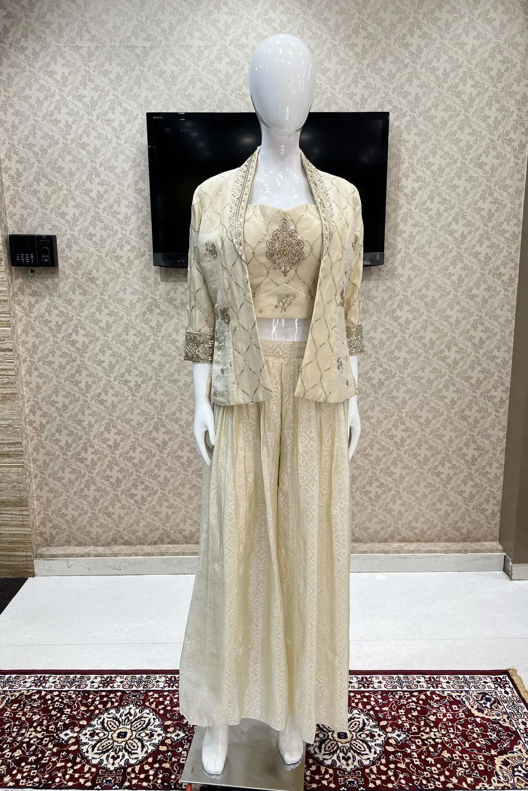 Cream Sequins, Zari, Zardozi and Pearl work Overcoat Styled Brocade Pattern Palazzo Suit Set