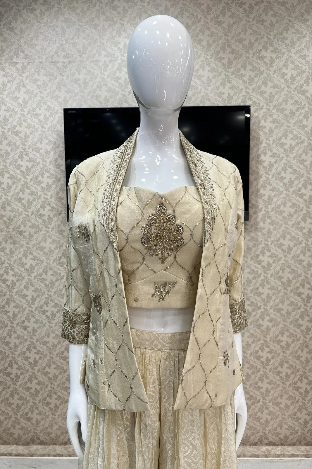 Cream Sequins, Zari, Zardozi and Pearl work Overcoat Styled Brocade Pattern Palazzo Suit Set