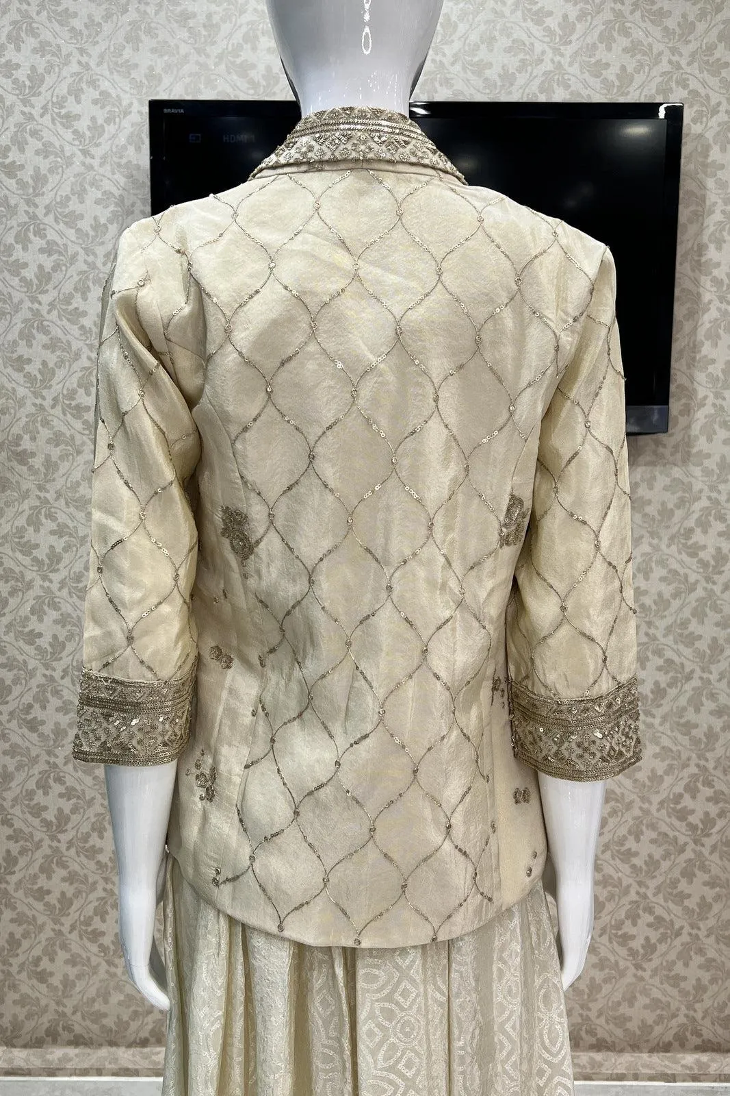 Cream Sequins, Zari, Zardozi and Pearl work Overcoat Styled Brocade Pattern Palazzo Suit Set