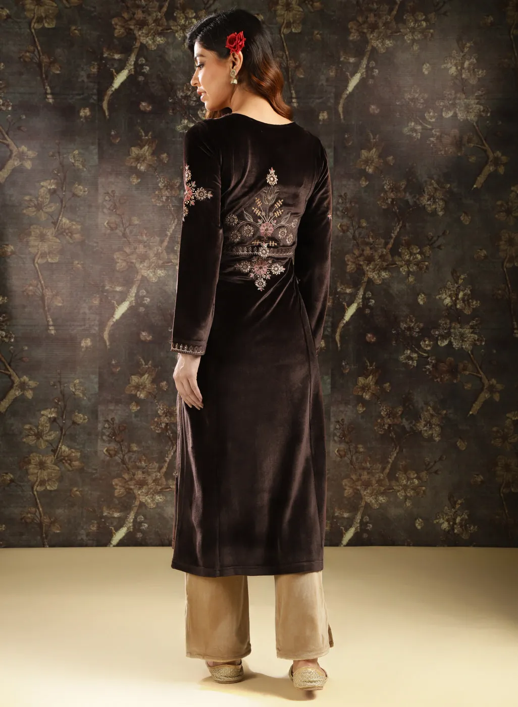 Dark Brown Velvet Kurta with Threadwork and Zari Work