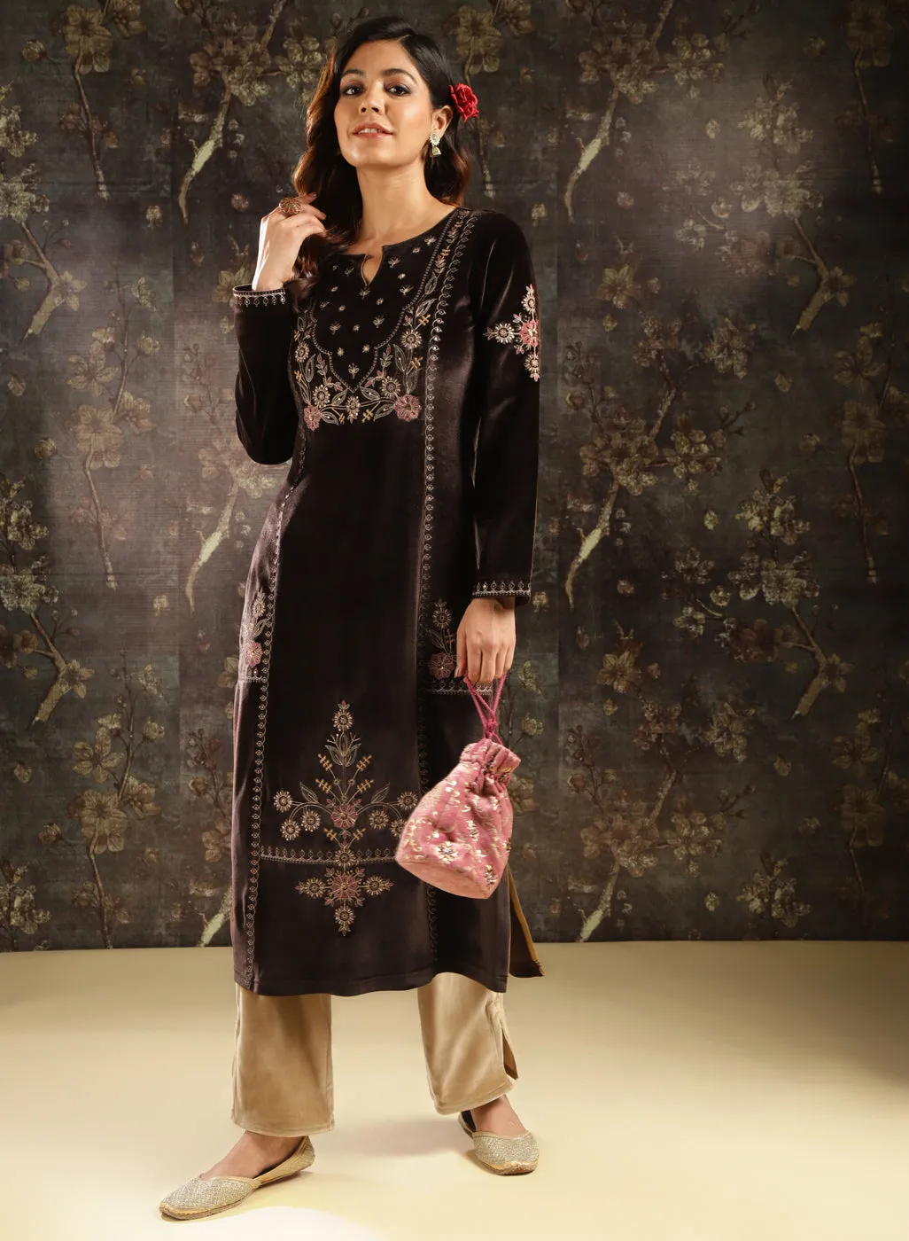 Dark Brown Velvet Kurta with Threadwork and Zari Work