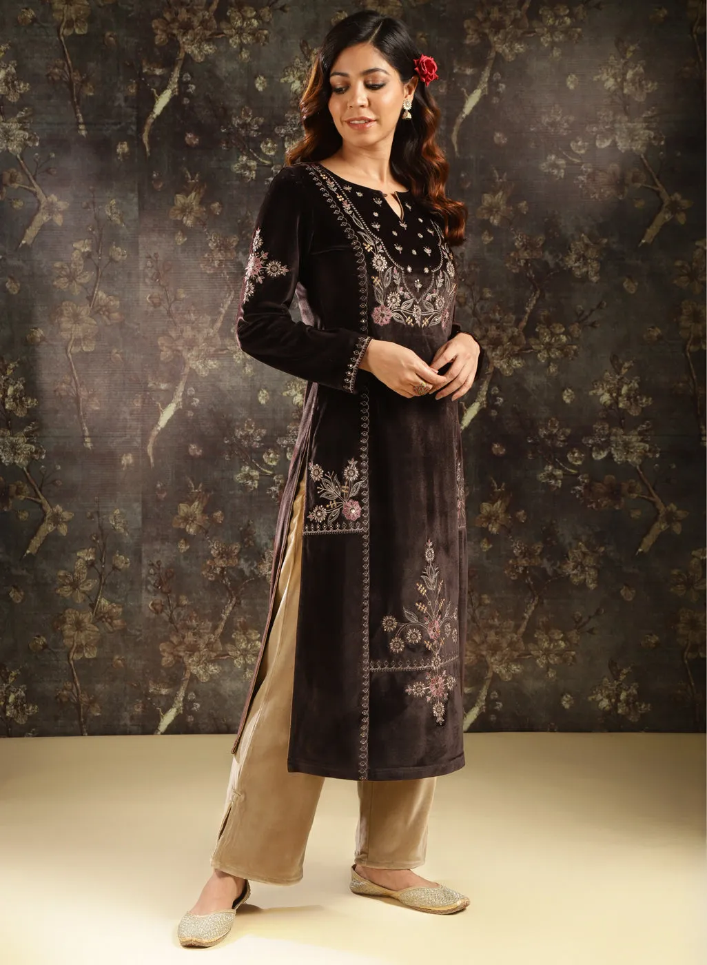 Dark Brown Velvet Kurta with Threadwork and Zari Work