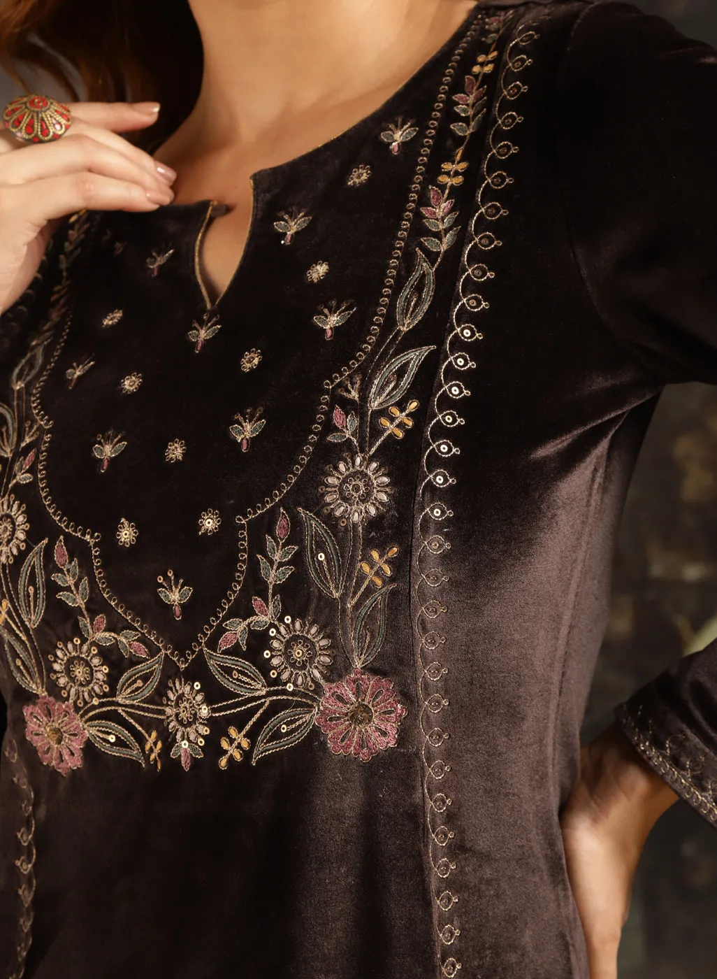 Dark Brown Velvet Kurta with Threadwork and Zari Work