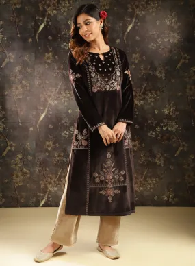 Dark Brown Velvet Kurta with Threadwork and Zari Work