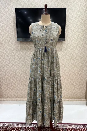 Dark Grey Floral Print and Zari work Anarkali Long Kurti