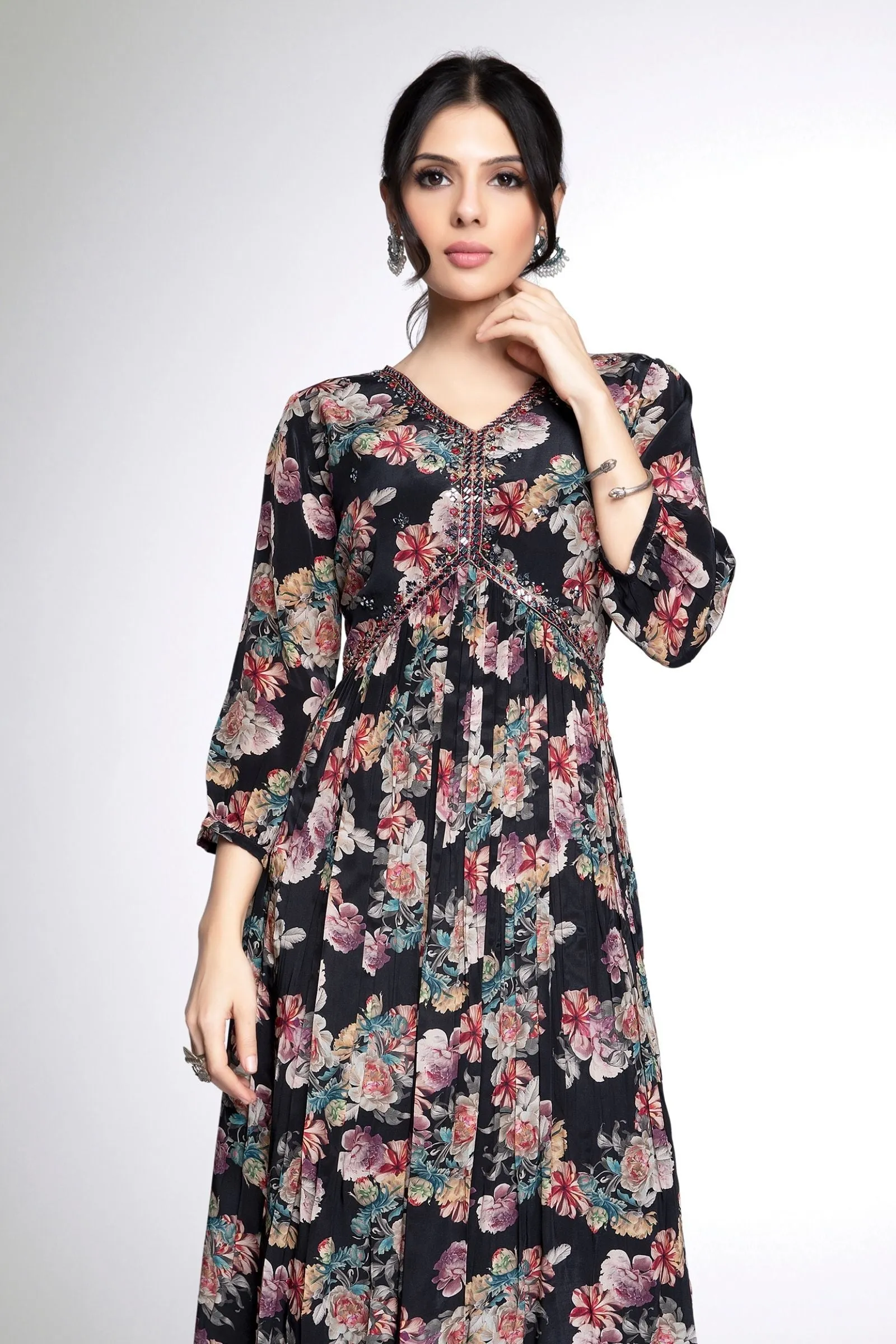 Dark Wine Mirror and Stone work with Floral Print Alia Cut Calf Length Kurti