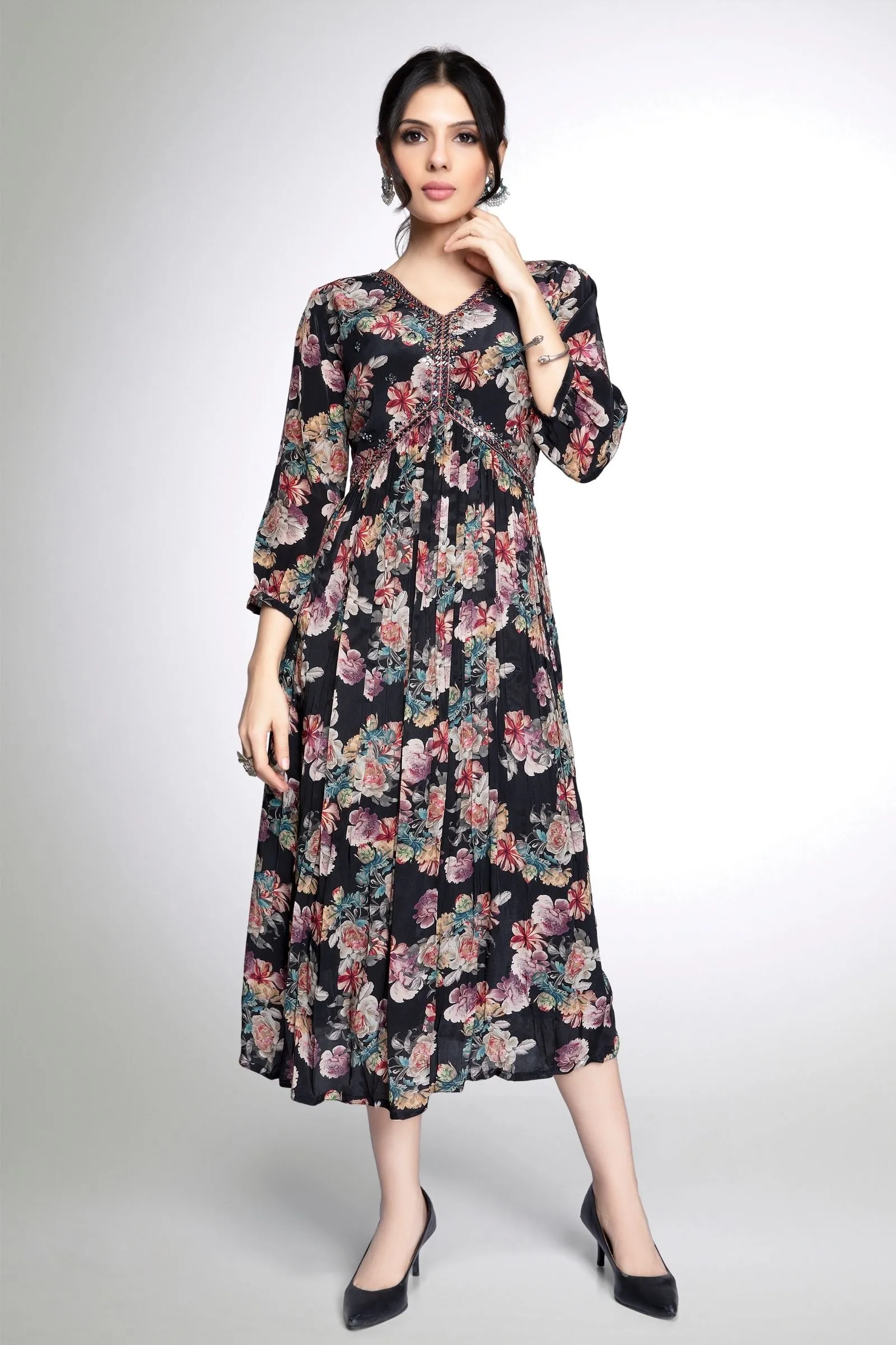 Dark Wine Mirror and Stone work with Floral Print Alia Cut Calf Length Kurti