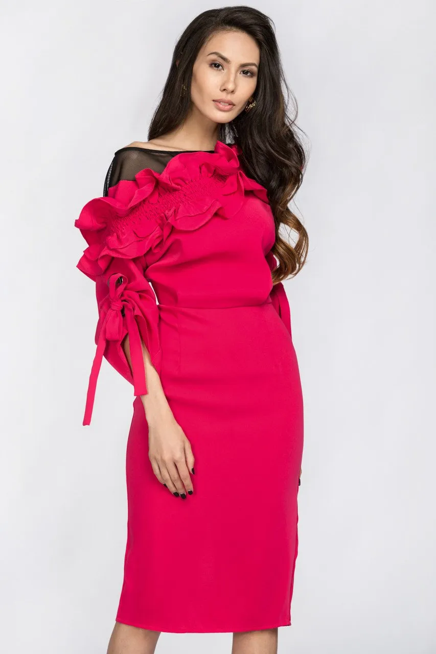 Deema Al Asadi - Pink Ruffled Puff Sleeve Midi Dress