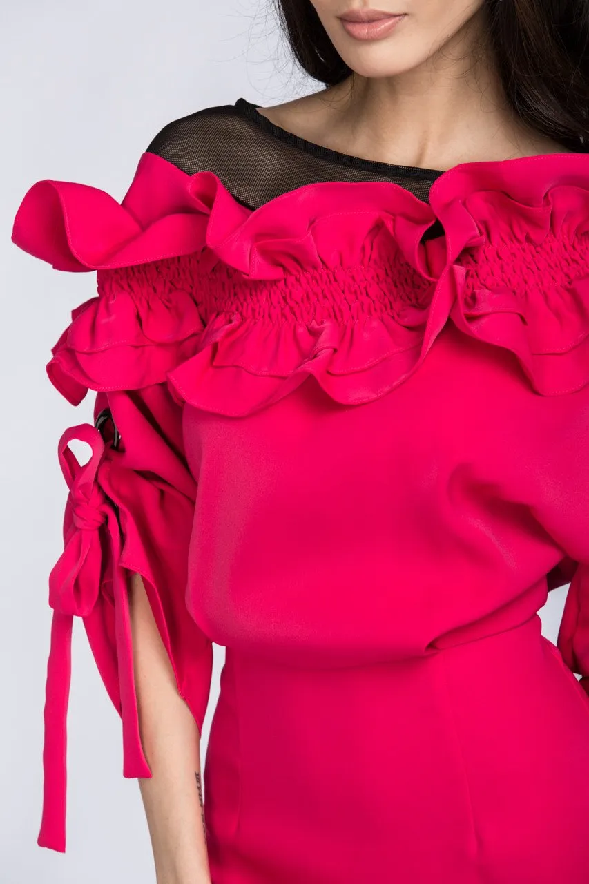 Deema Al Asadi - Pink Ruffled Puff Sleeve Midi Dress