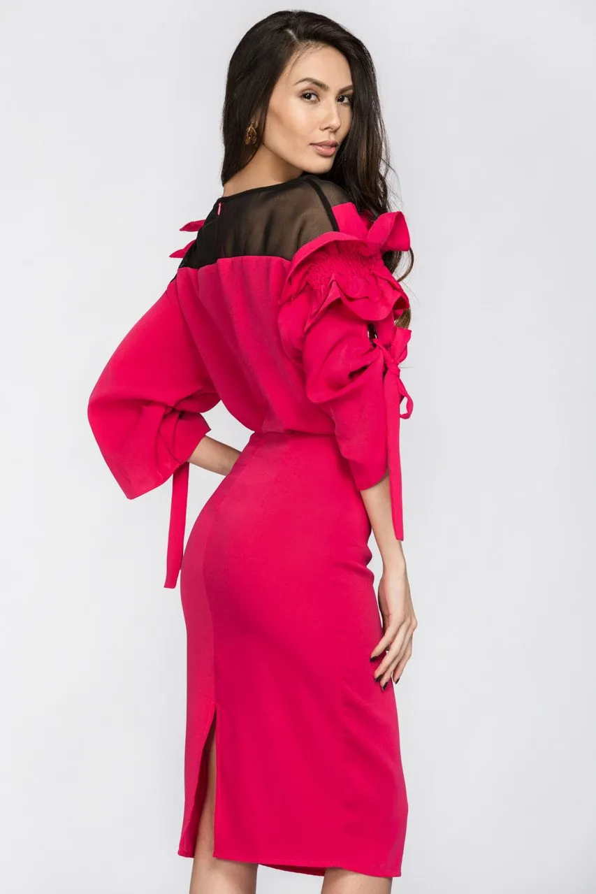 Deema Al Asadi - Pink Ruffled Puff Sleeve Midi Dress