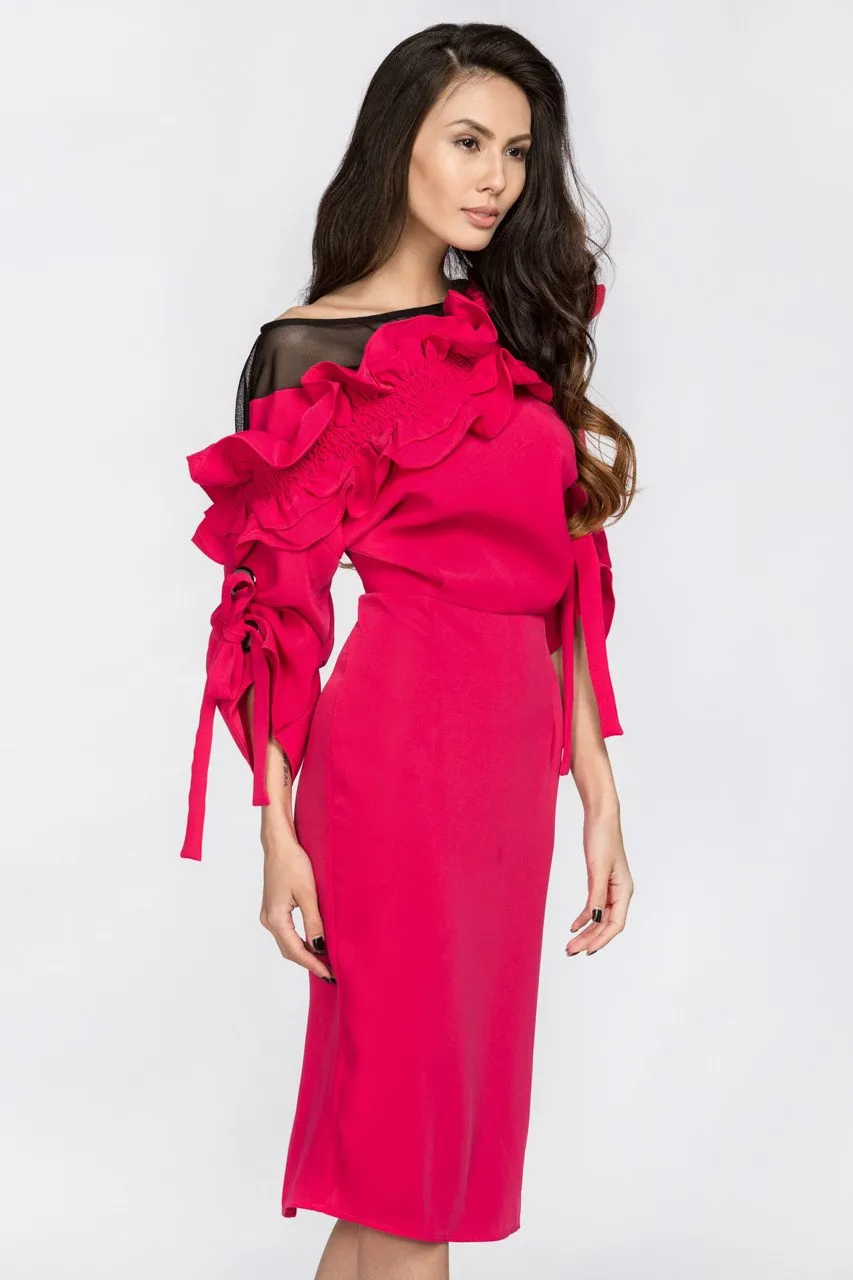 Deema Al Asadi - Pink Ruffled Puff Sleeve Midi Dress