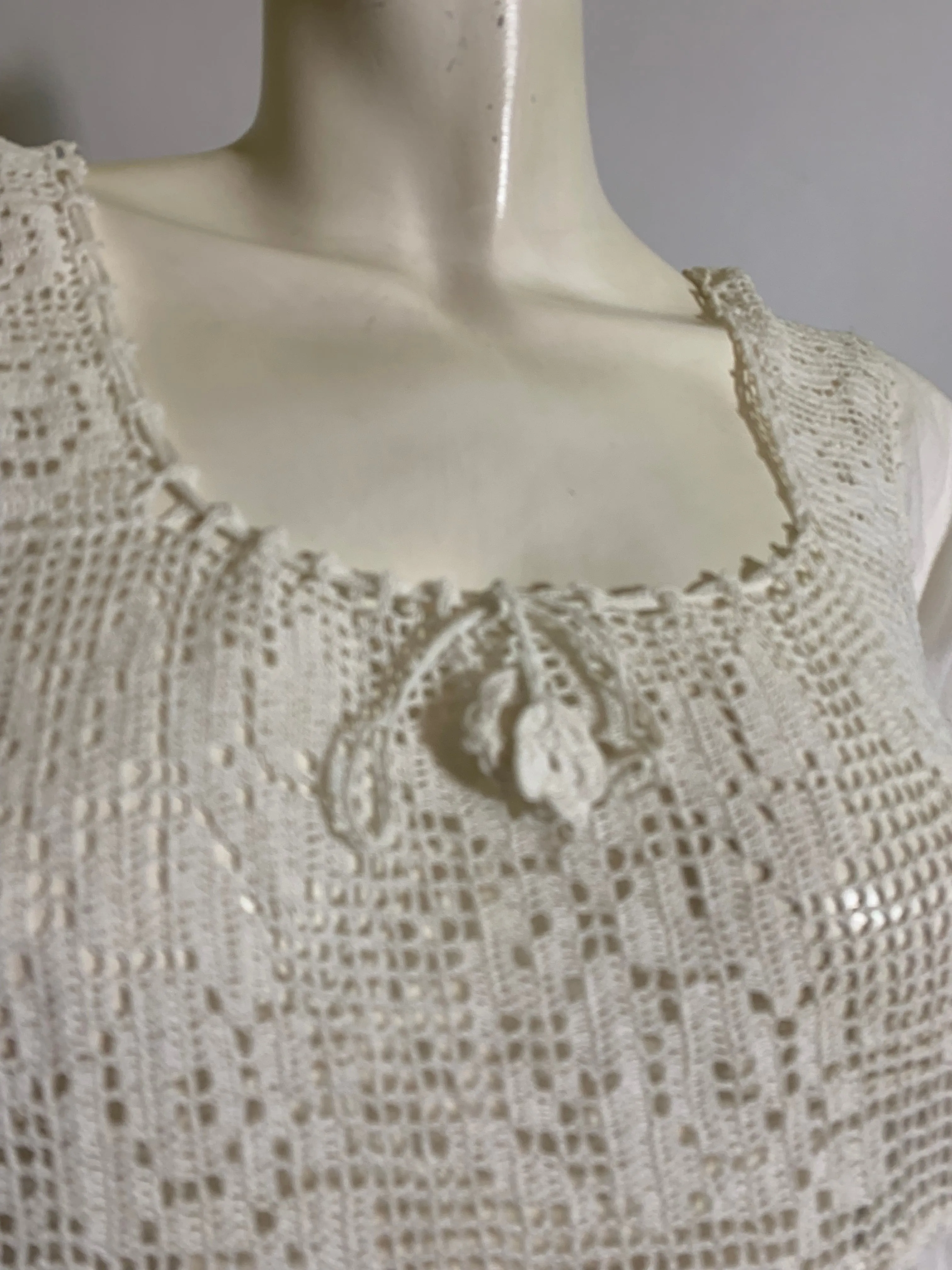 Dreamy White Cotton Nightgown with Crocheted Neckline and Cinch Tie circa 1910s