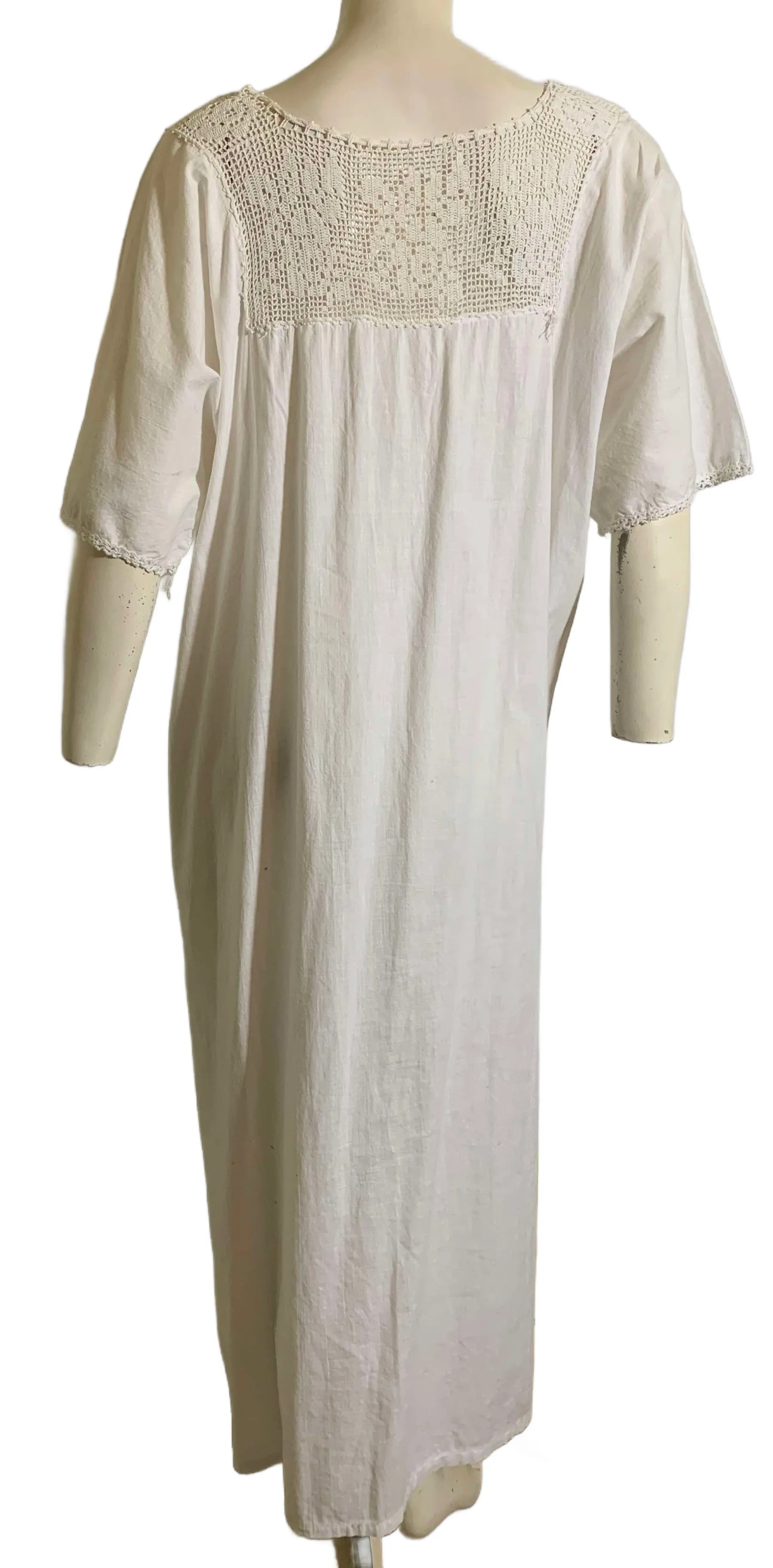 Dreamy White Cotton Nightgown with Crocheted Neckline and Cinch Tie circa 1910s