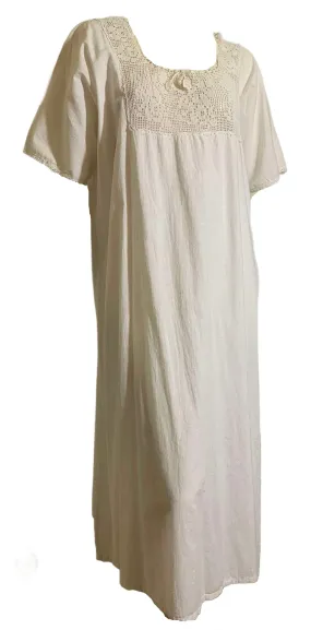 Dreamy White Cotton Nightgown with Crocheted Neckline and Cinch Tie circa 1910s