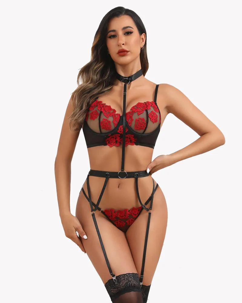 Embroidered Lace Bra and Panty Fairy Garter Set