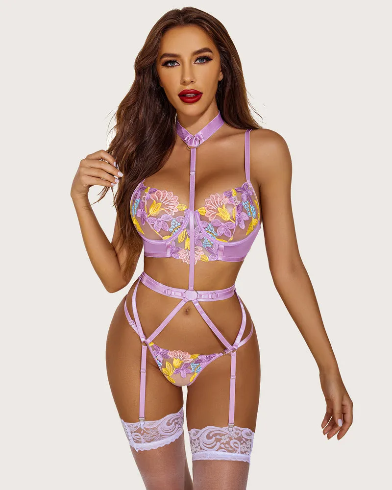 Embroidered Lace Bra and Panty Fairy Garter Set