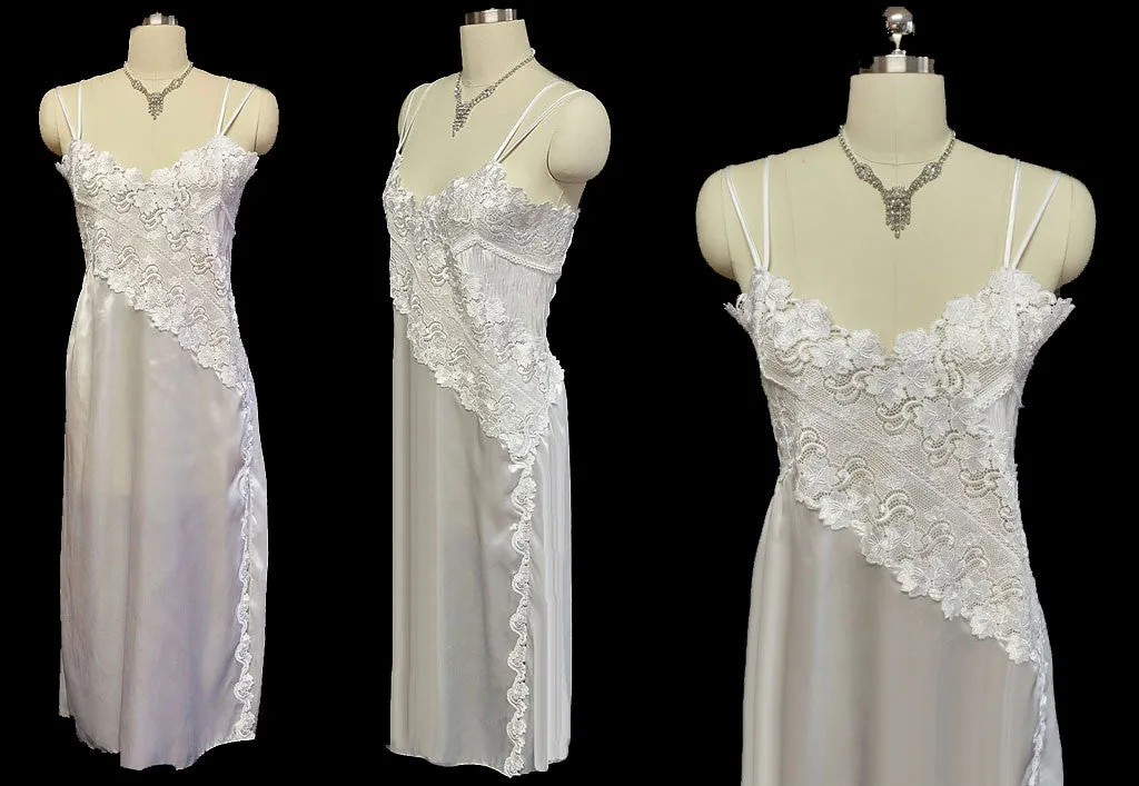 *FABULOUS VINTAGE IMPORTED BRIDAL SATIN NIGHTGOWN WITH HEAVY LACE AND PLEATS IN BRIDAL WHITE - NEW OLD STOCK