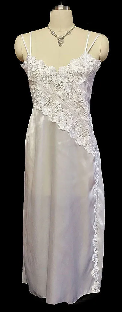 *FABULOUS VINTAGE IMPORTED BRIDAL SATIN NIGHTGOWN WITH HEAVY LACE AND PLEATS IN BRIDAL WHITE - NEW OLD STOCK